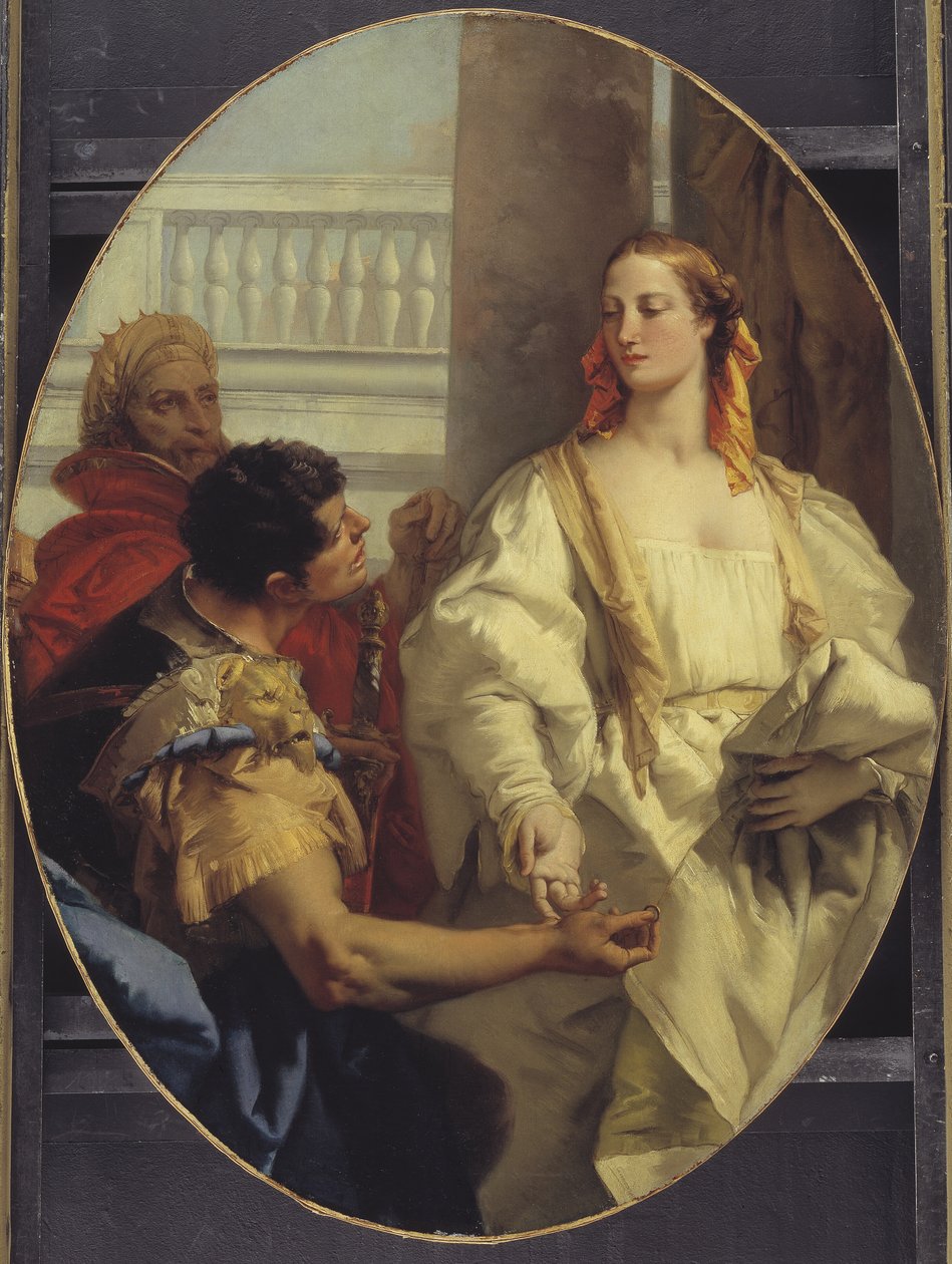 Latinus biedt zijn dochter Lavinia aan Aeneas aan in het huwelijk door Giovanni Battista Tiepolo