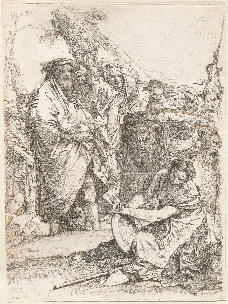 Tovenaar en andere figuren voor een brandend altaar met schedel en botten door Giovanni-Battista Tiepolo