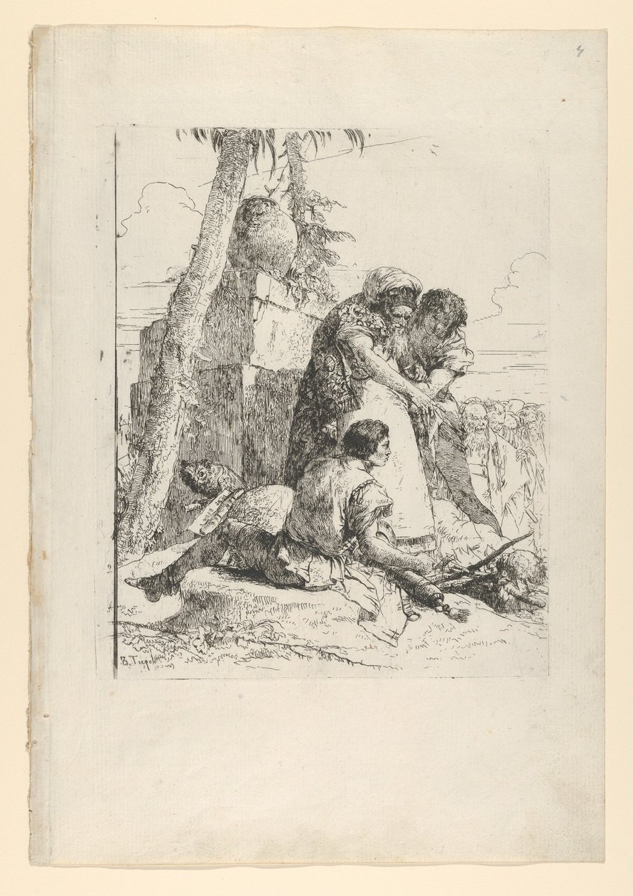 Tovenaar wijst op een brandend hoofd aan twee jongeren, uit de Scherzi, ca. 1743-50 door Giovanni Battista Tiepolo