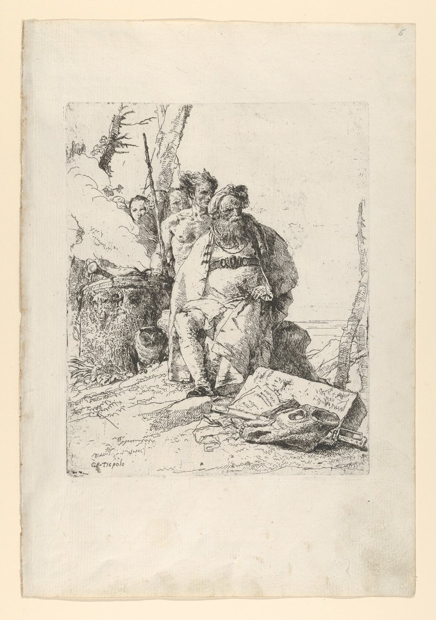 Tovenaar met vier figuren bij een rokend altaar, uit de Scherzi door Giovanni Battista Tiepolo