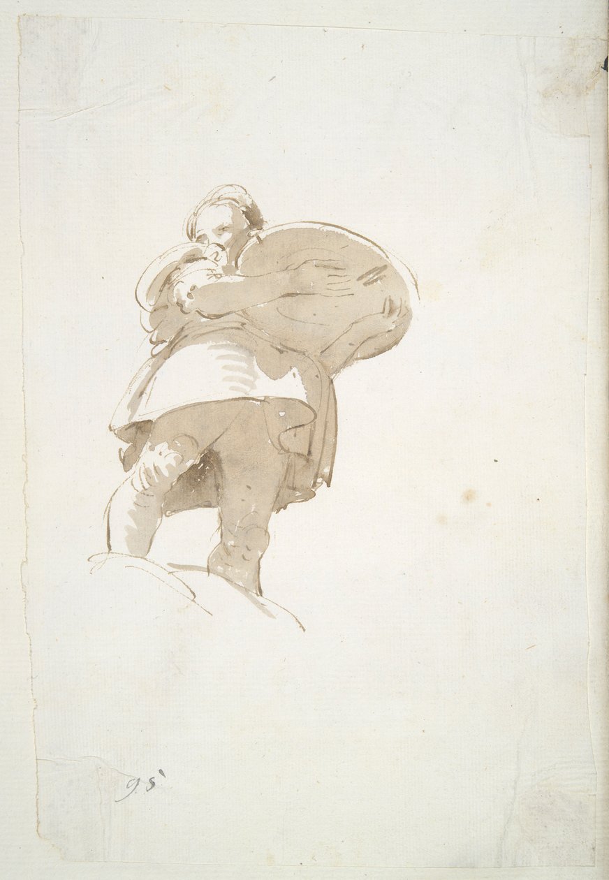 Mannelijke figuur die een dienblad draagt, van onderaf gezien door Giovanni Battista Tiepolo
