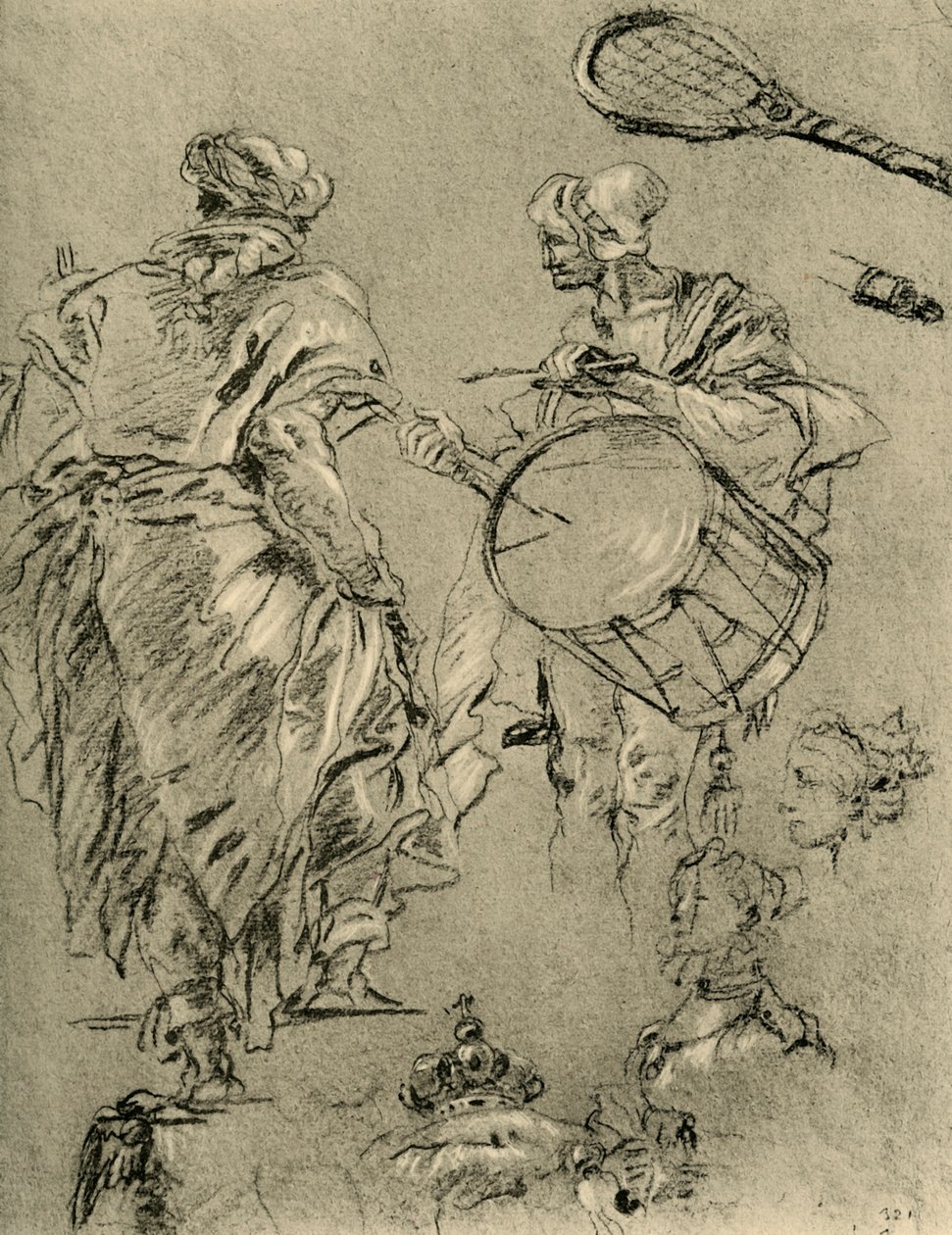 Man van achteren gezien, een drummer en kleine studies door Giovanni Battista Tiepolo