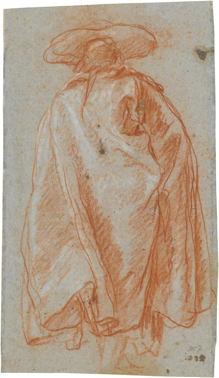 Mann in Mantel und Hut von rückwärts gesehen; verso: Studie eines linken Armes door Giovanni Battista Tiepolo