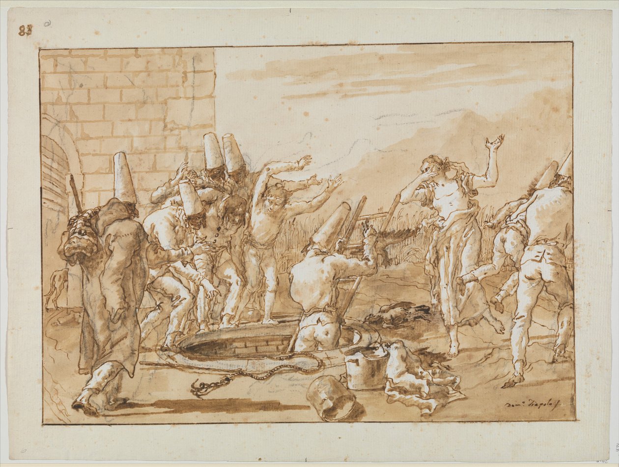 Punchinello haalt dode vogels uit een put, ca. 1800 door Giovanni Battista Tiepolo