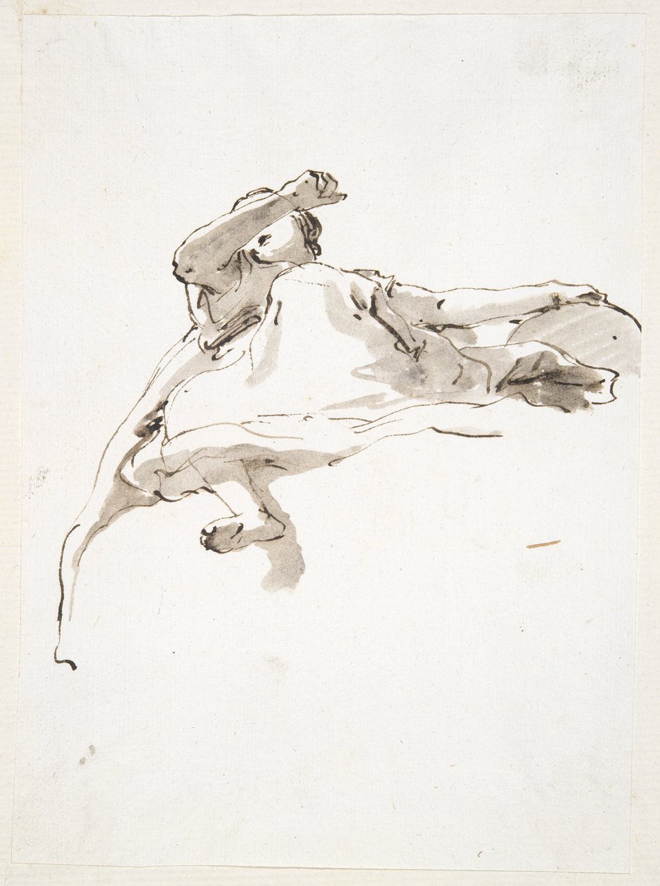 Liggende vrouwelijke figuur, linkerhand rustend op globe, rechterarm opgeheven voor gezicht, gezien van onderaf door Giovanni Battista Tiepolo