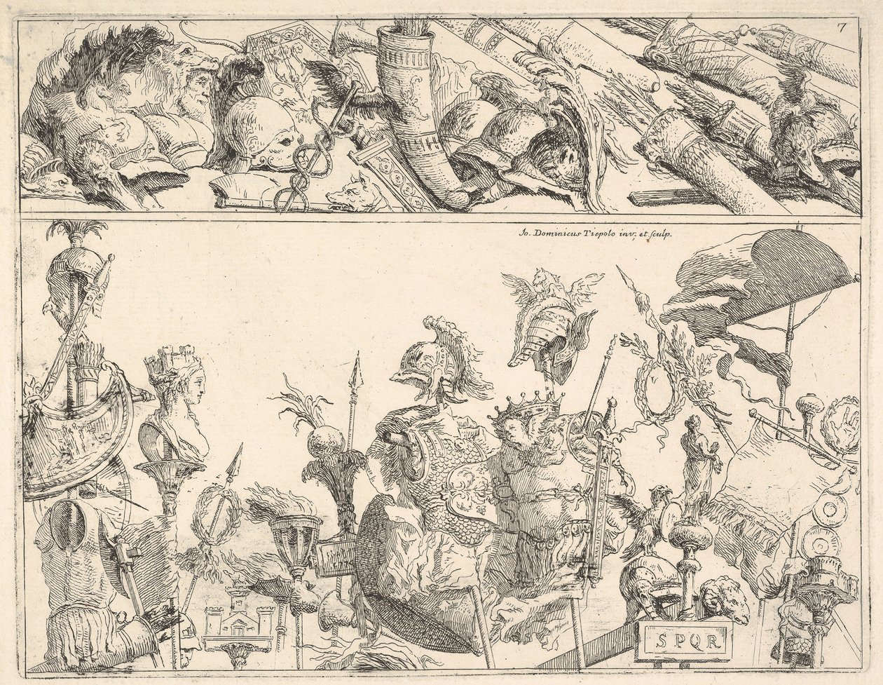 Romeinse Wapens, Standaarden en Trofeeën, een compositie verdeeld in twee horizontale banden door Giovanni Battista Tiepolo