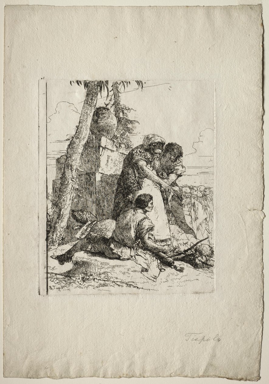 Scherzi di Fantasia: Tovenaar Wijst een Brandend Hoofd aan Twee Jongeren, 1750s door Giovanni Battista Tiepolo
