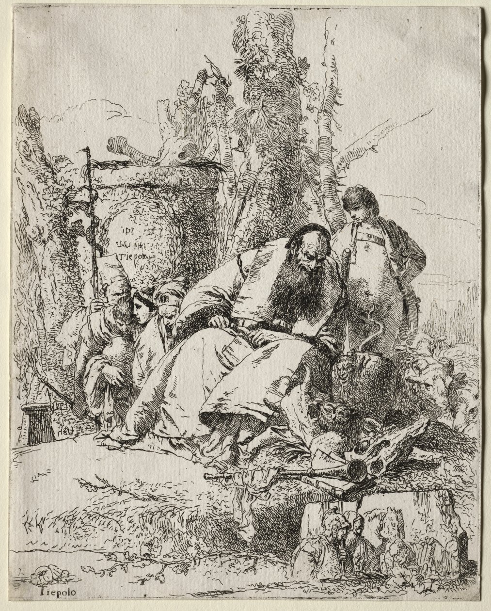 Scherzi di Fantasia: zittende Magiër, jongen en vier figuren door Giovanni Battista Tiepolo