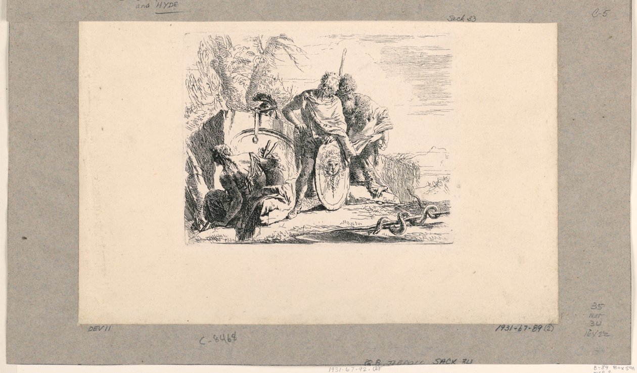 Zittende vrouw, jonge soldaat en magiër, uit de Vari Capricci door Giovanni Battista Tiepolo