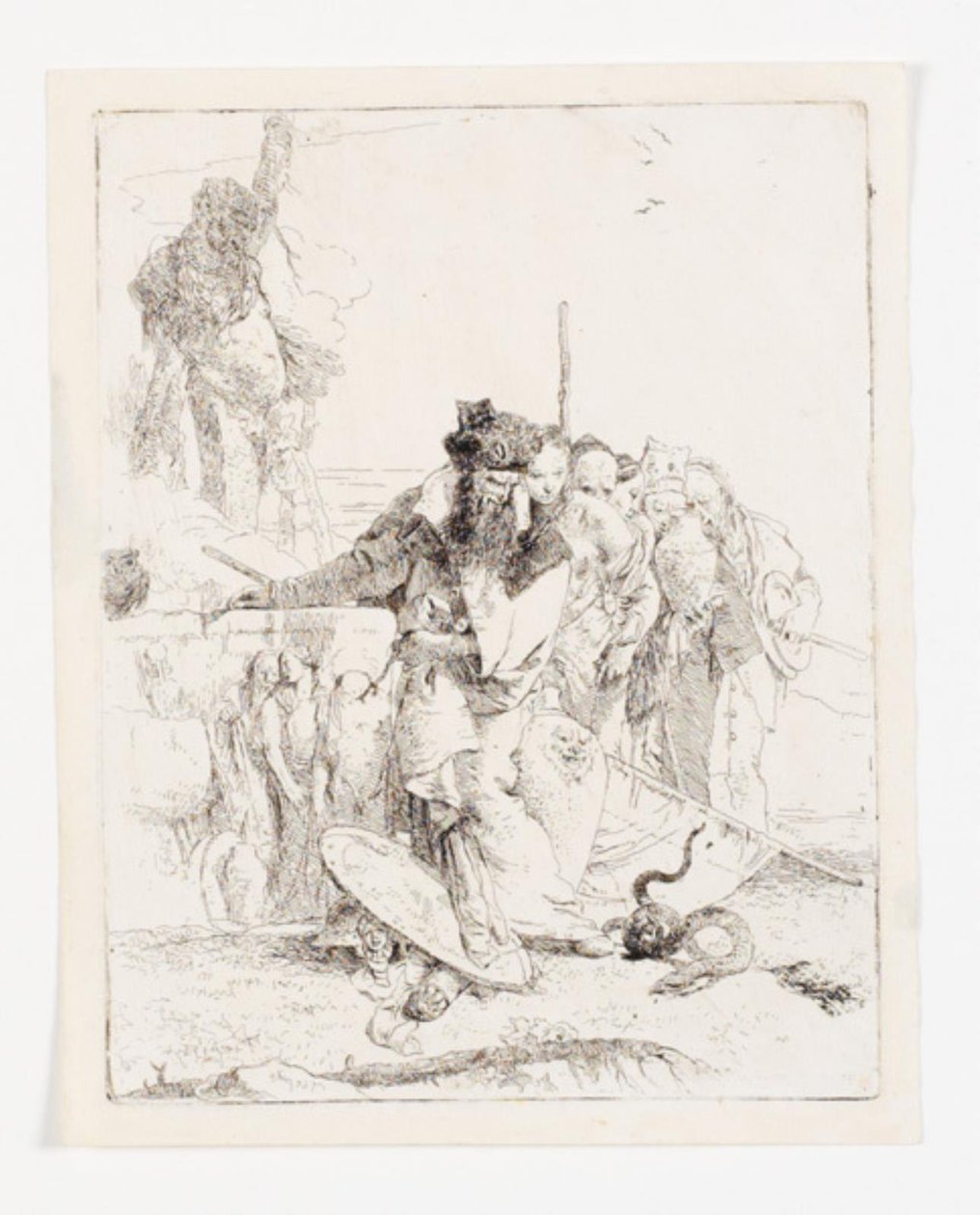 Zes personen die een slang bekijken. Blad uit de serie Scherzi di fantasia. (Rizzi 15; De Vesme 24) door Giovanni Battista Tiepolo