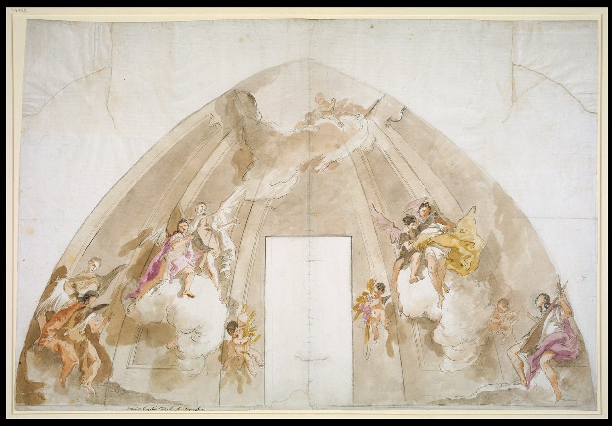 Zingende en musicerende engelen: voorbereidende tekening voor het plafond van de kathedraal van Udine door Giovanni Battista Tiepolo