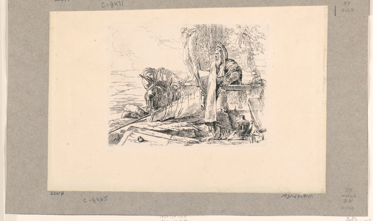 Staande magiër, zittende soldaat en een man, uit de Vari Capricci door Giovanni Battista Tiepolo