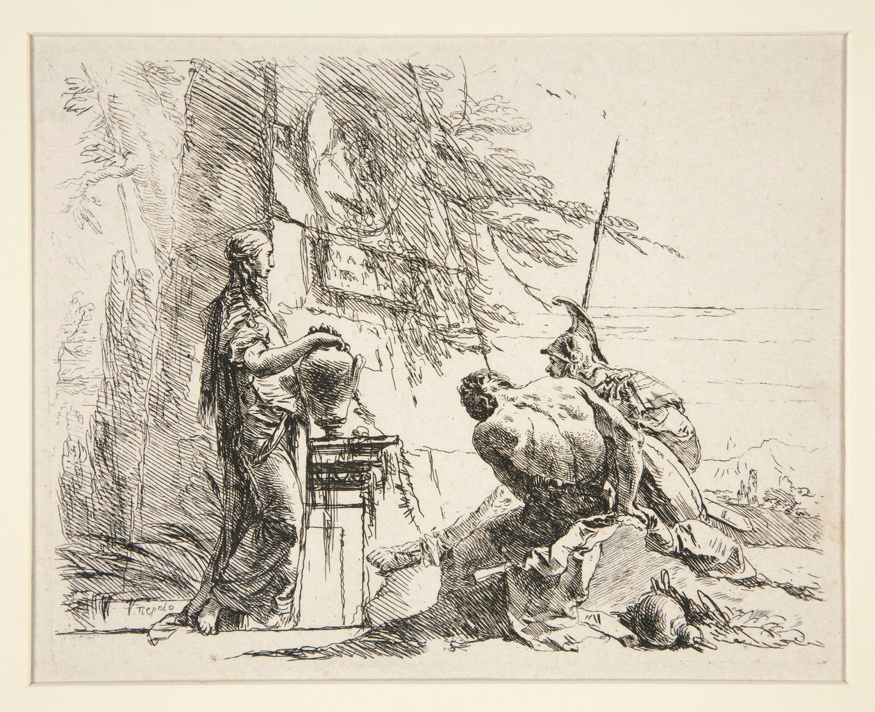 Staande vrouw en zittende man voor een obelisk, uit de serie Vari Capricci door Giovanni Battista Tiepolo