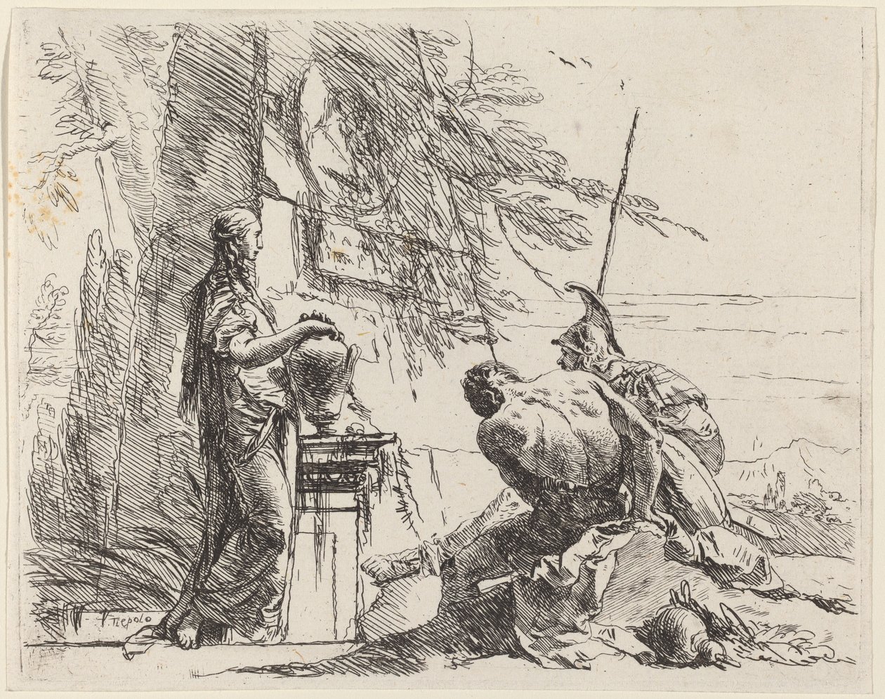 Staande vrouw en zittende mannen voor een obelisk door Giovanni Battista Tiepolo