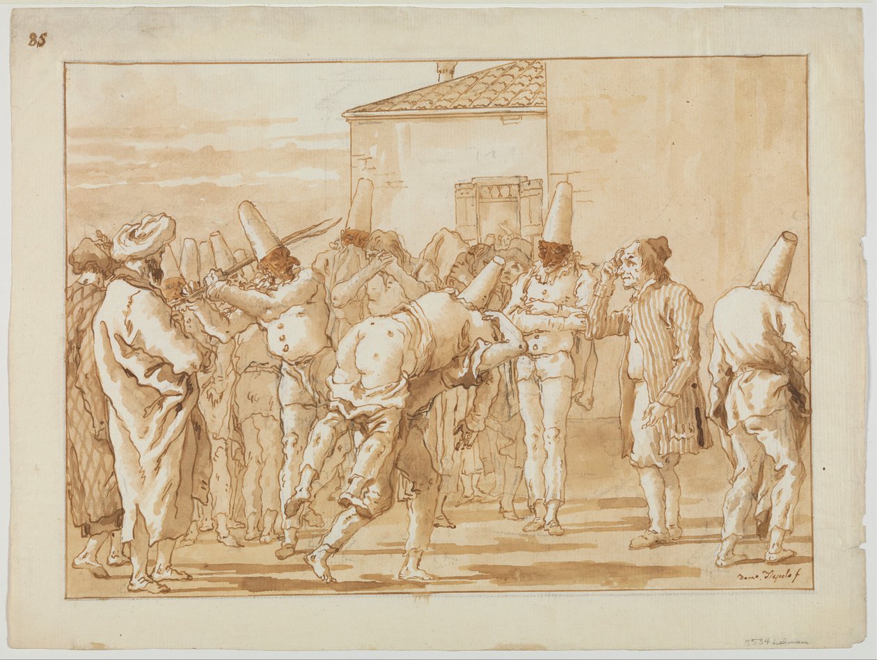De geseling van Punchinello, ca. 1800 door Giovanni Battista Tiepolo