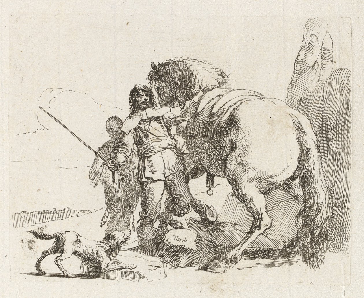 De Ruiter Staand bij Zijn Paard, uit Vari capricci door Giovanni Battista Tiepolo