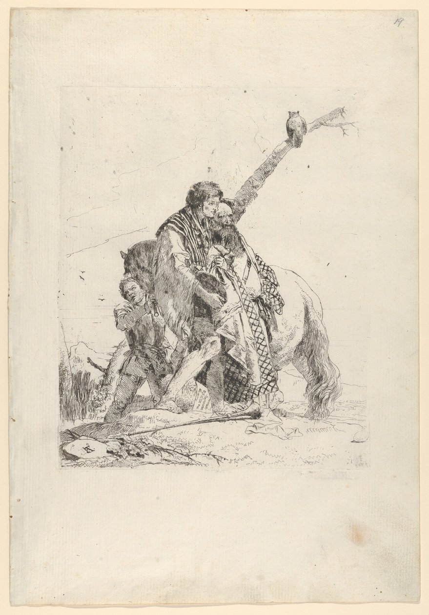 Drie mannen naast een paard, uit de Scherzi, ca. 1740 door Giovanni Battista Tiepolo