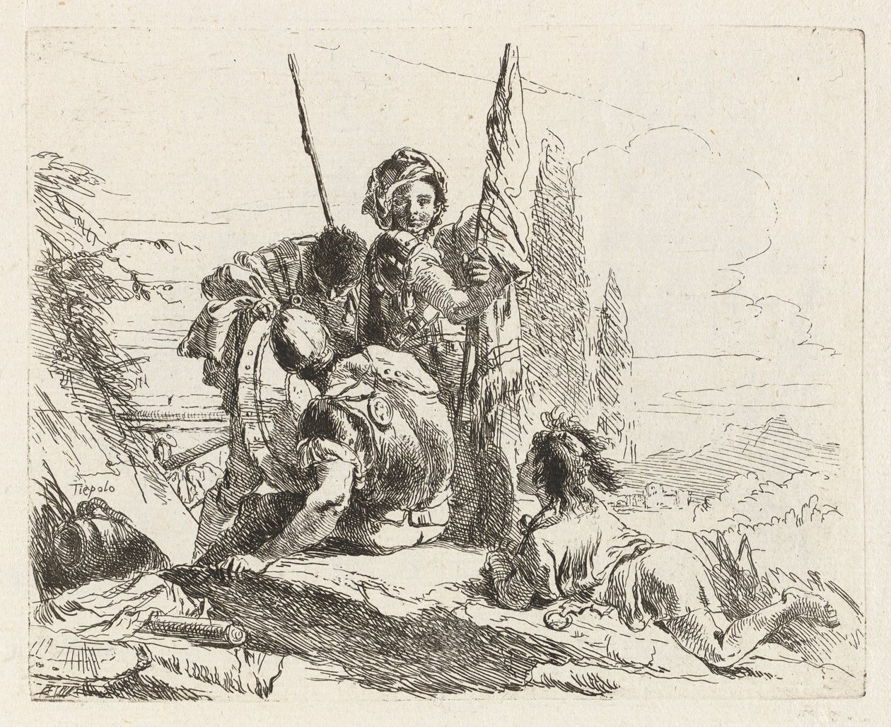 Drie soldaten en een jongen, uit Vari capricci (Verschillende Capriccios) door Giovanni Battista Tiepolo