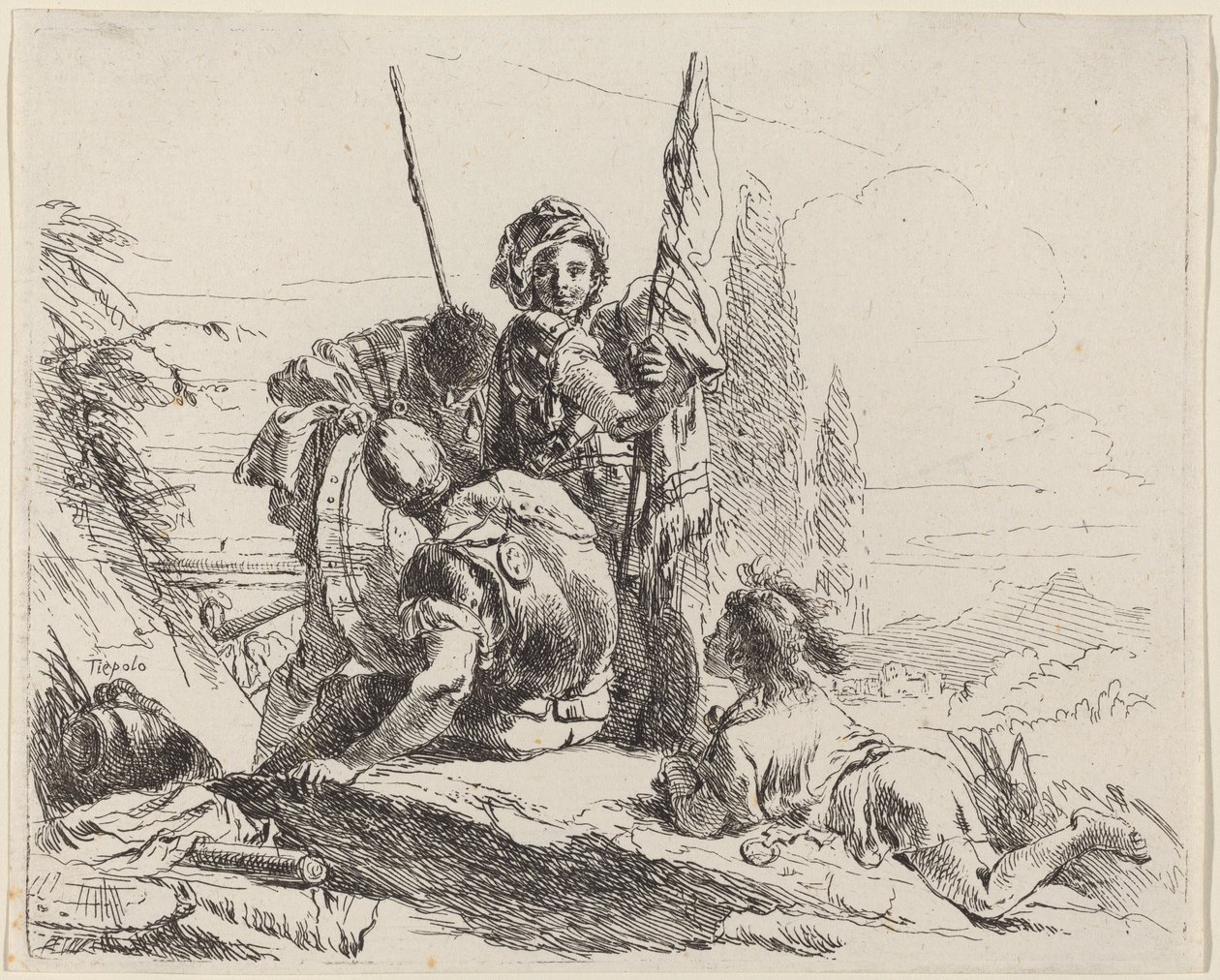 Drie soldaten en een jongeling door Giovanni-Battista Tiepolo