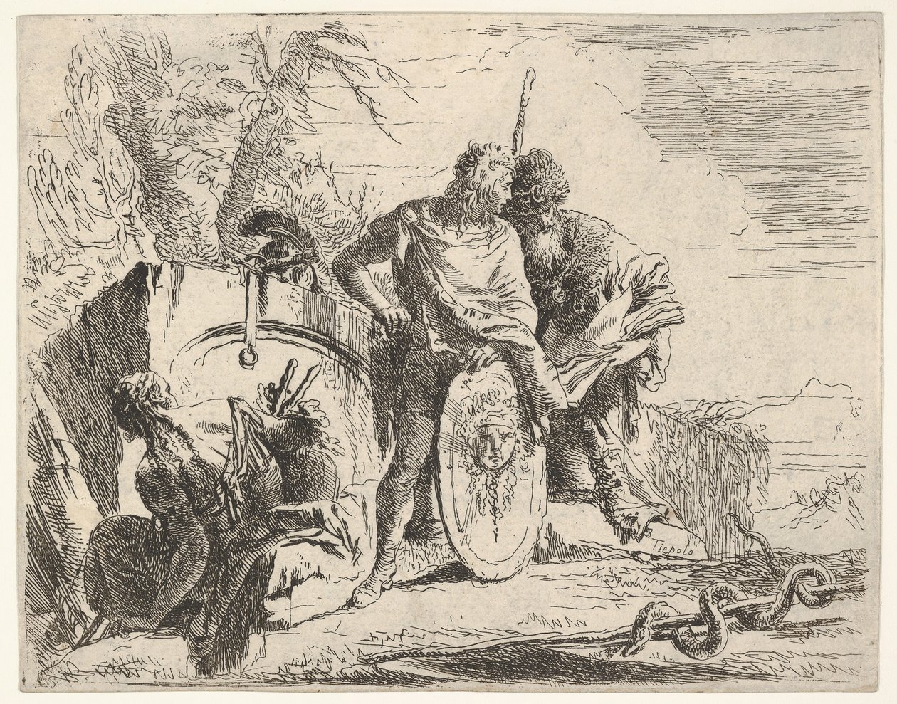 Drie figuren en een slang om een staf gewikkeld, omgeven door een landschap, de ce..., 18e eeuw door Giovanni Battista Tiepolo