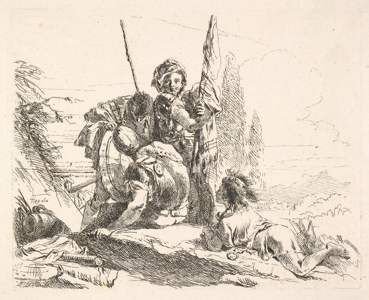 Drie soldaten en een jongeling liggend op zijn buik in een landschap, de soldaten dragen een... door Giovanni Battista Tiepolo