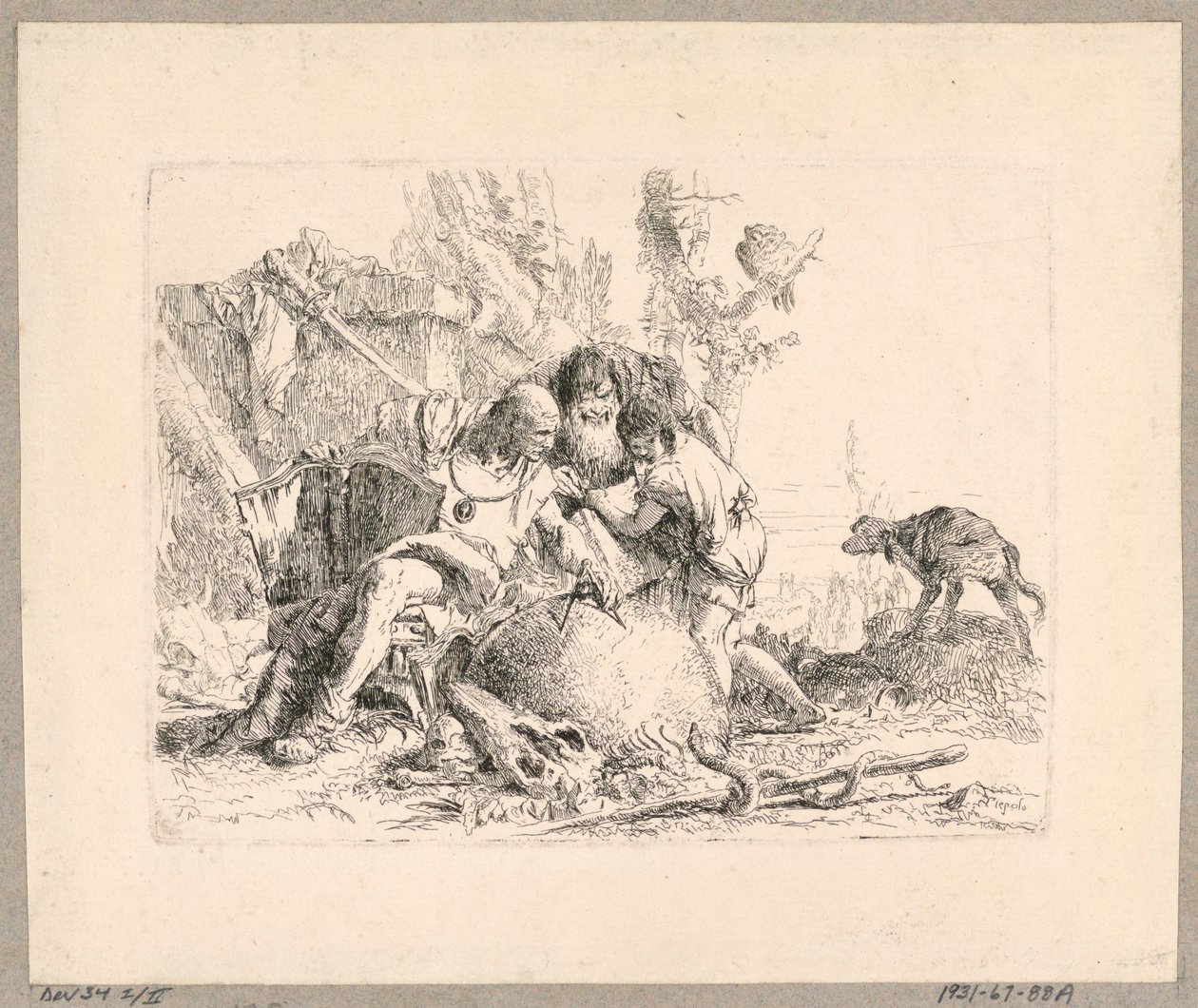 Twee filosofen en jongen, plaat 22 uit de Scherzi di Fantasia door Giovanni Battista Tiepolo