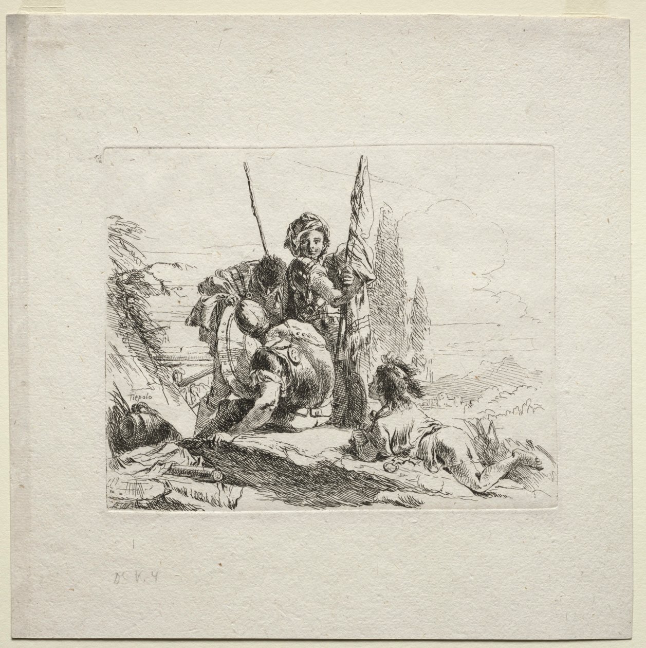 Verschillende Caprices: De Drie Soldaten en de Jongen, 1785 door Giovanni Battista Tiepolo