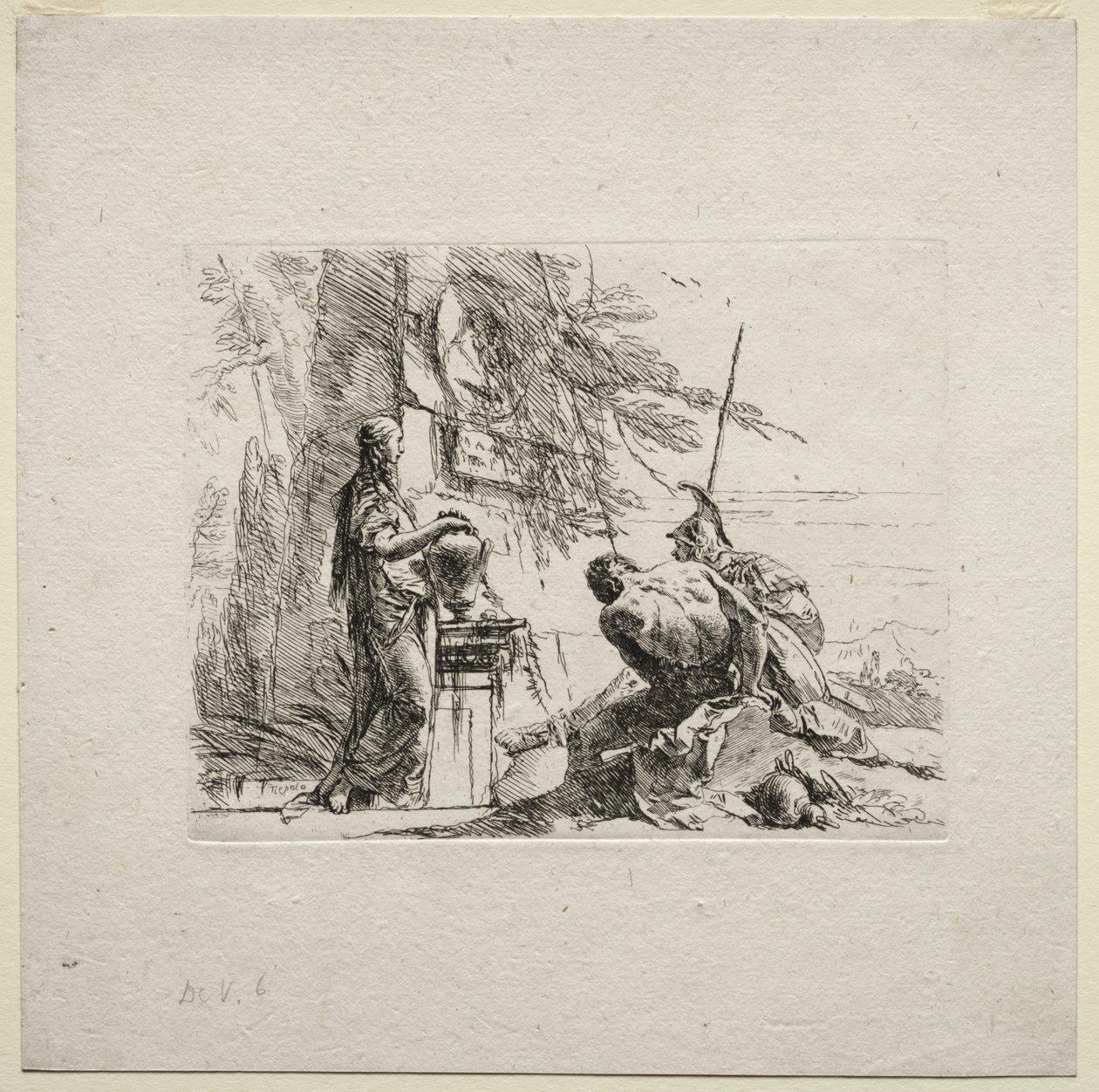 Verschillende Caprices: De vrouw staand met handen op een vaas door Giovanni Battista Tiepolo