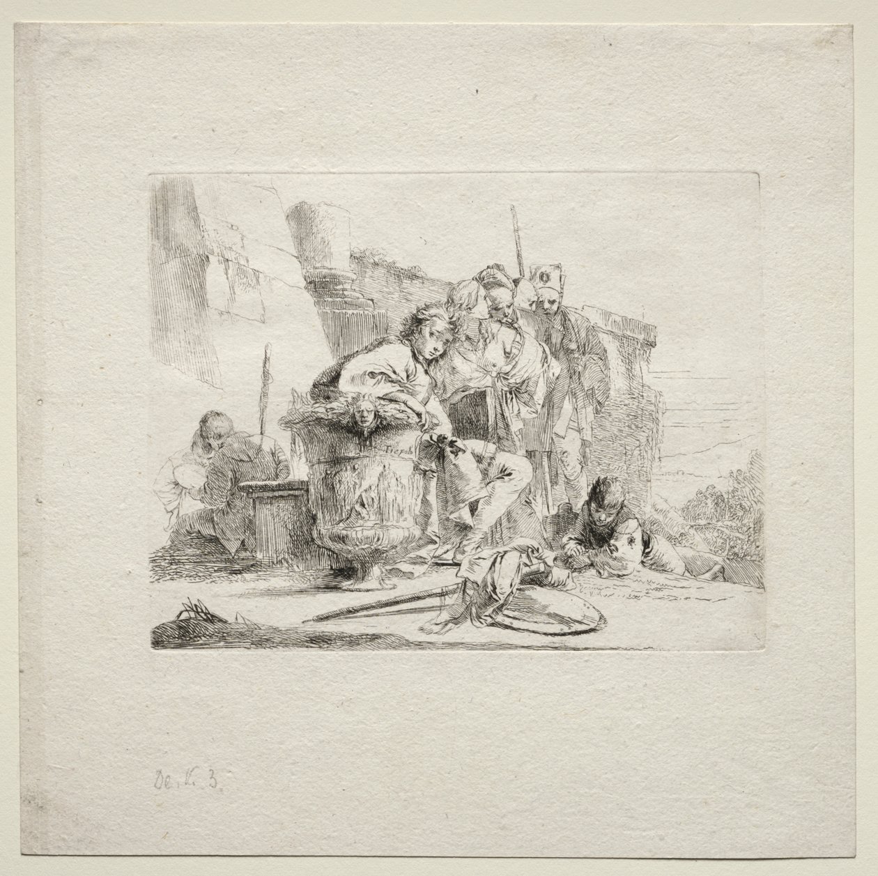 Verschillende Caprices: De jonge man zittend, leunend tegen een urn door Giovanni Battista Tiepolo