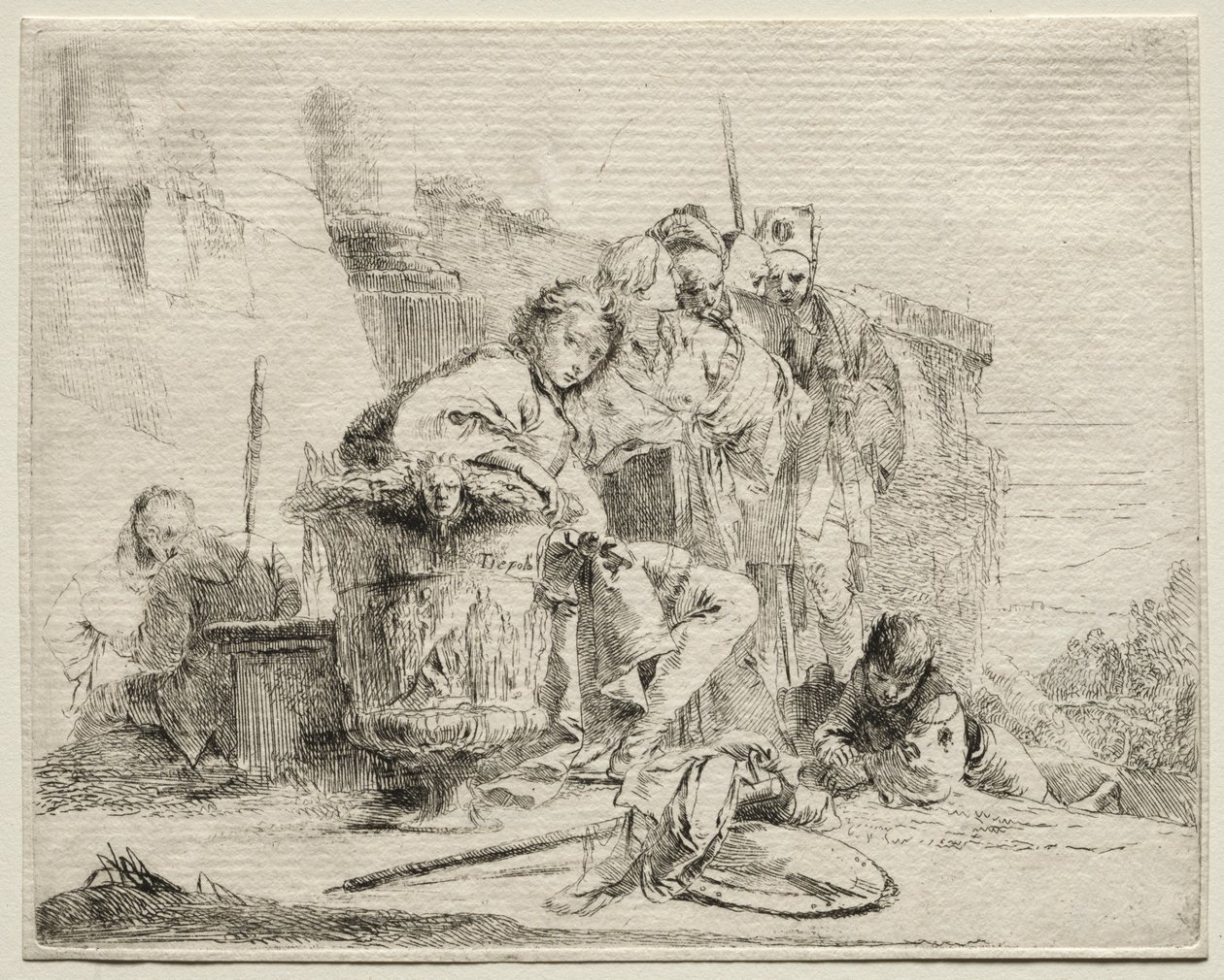 Verschillende Caprices: Jonge man zittend, leunend tegen een urn door Giovanni Battista Tiepolo