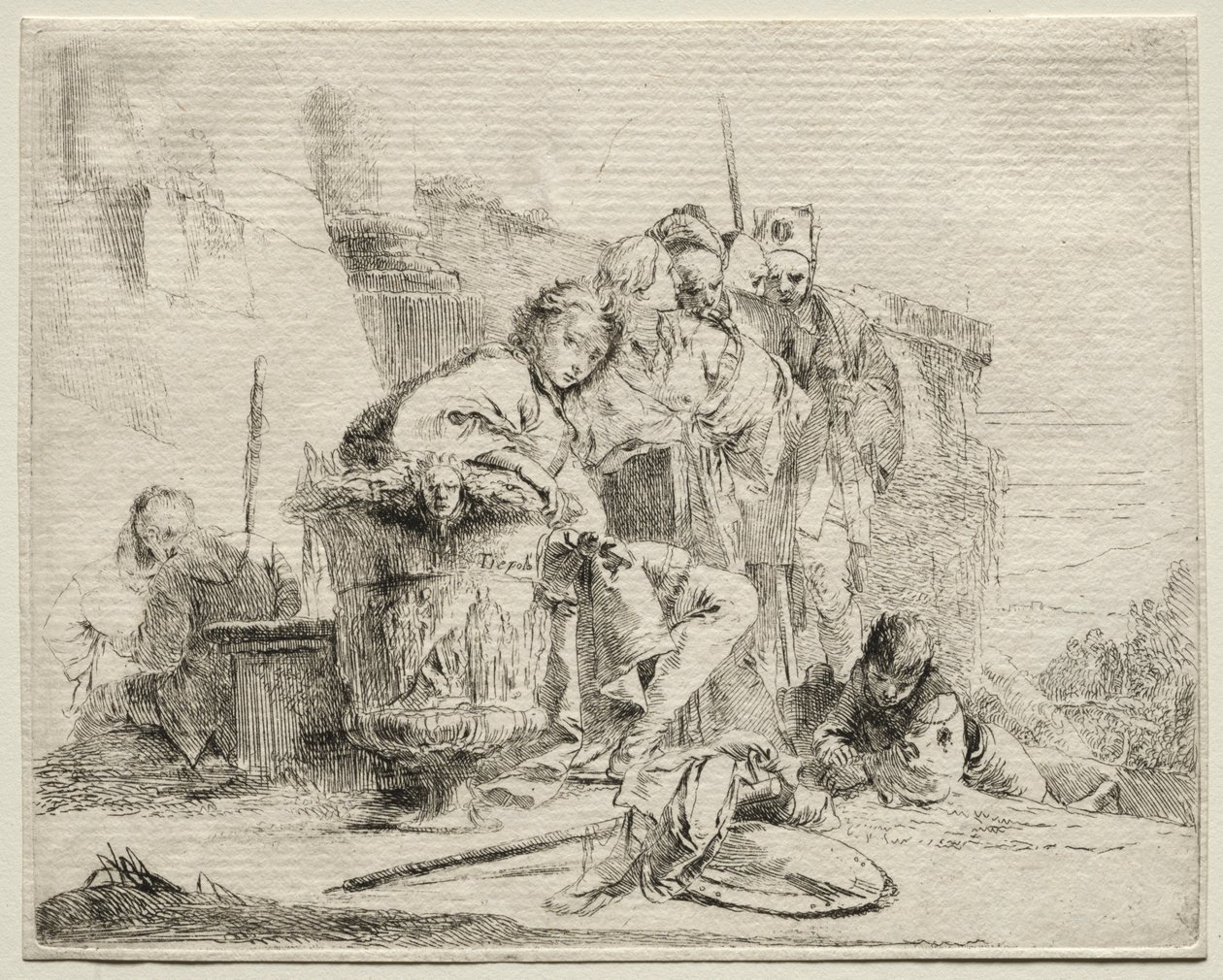 Verschillende Caprices: Jonge man zittend, leunend tegen een urn door Giovanni Battista Tiepolo