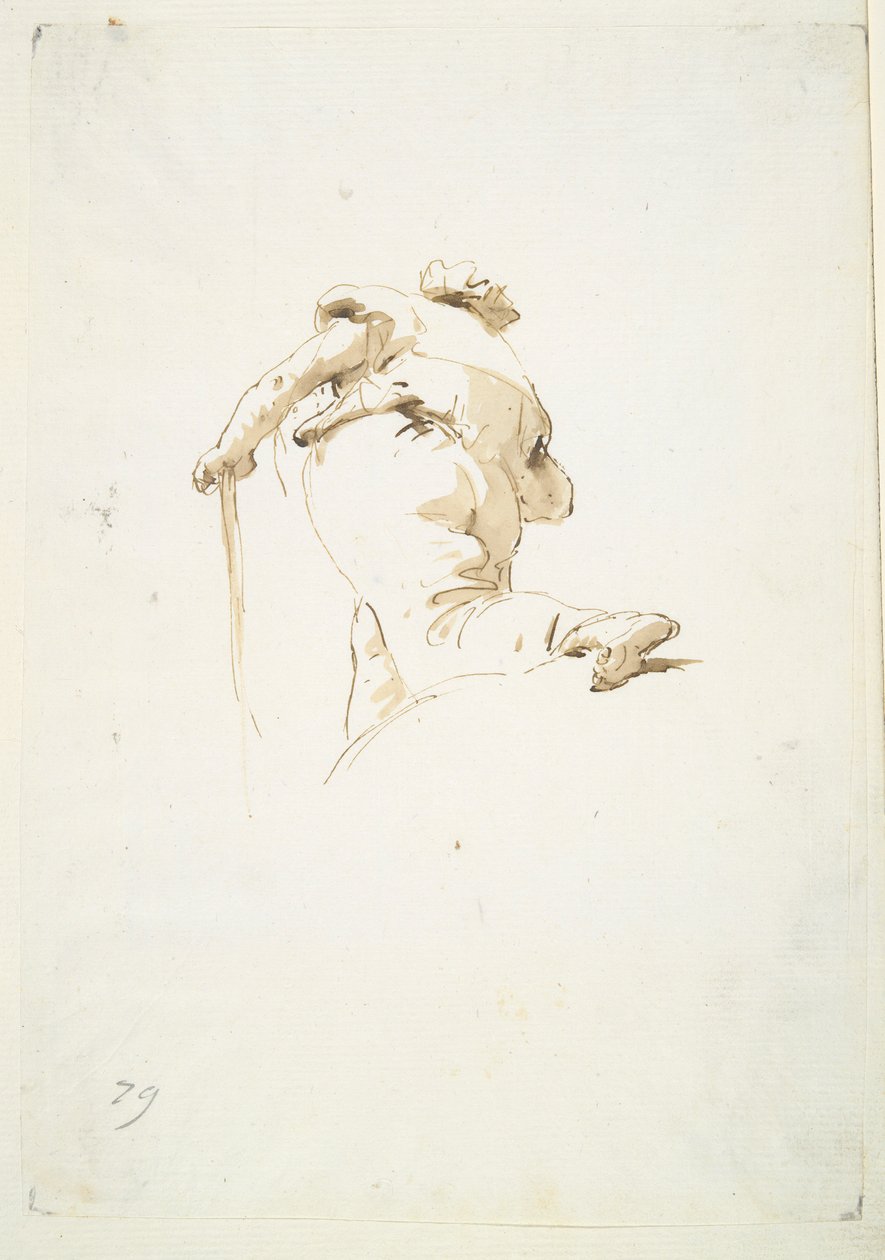 Wandelende mannelijke figuur schuin van onderen gezien door Giovanni Battista Tiepolo