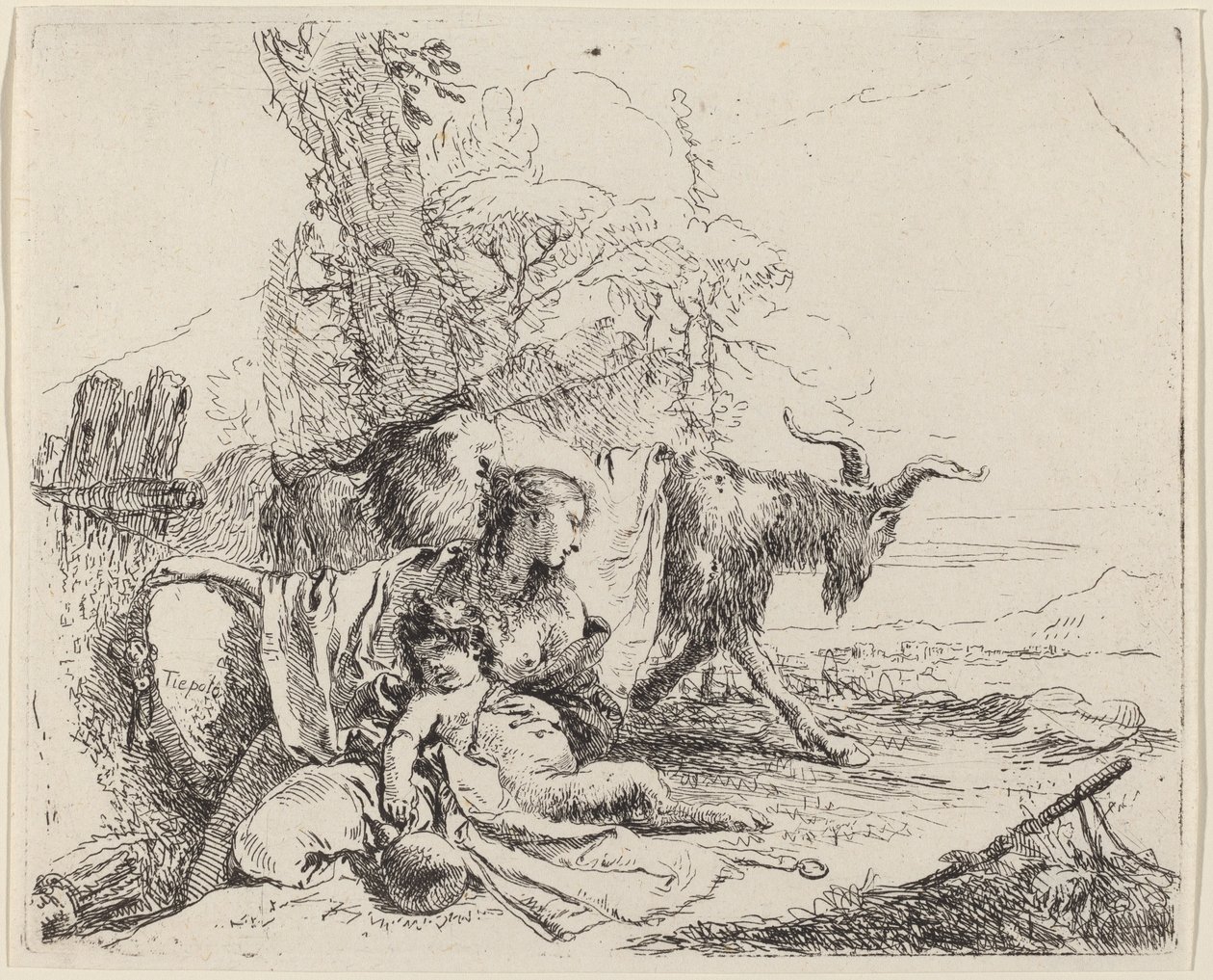 Vrouw, satyrkind en geit in een landschap door Giovanni Battista Tiepolo