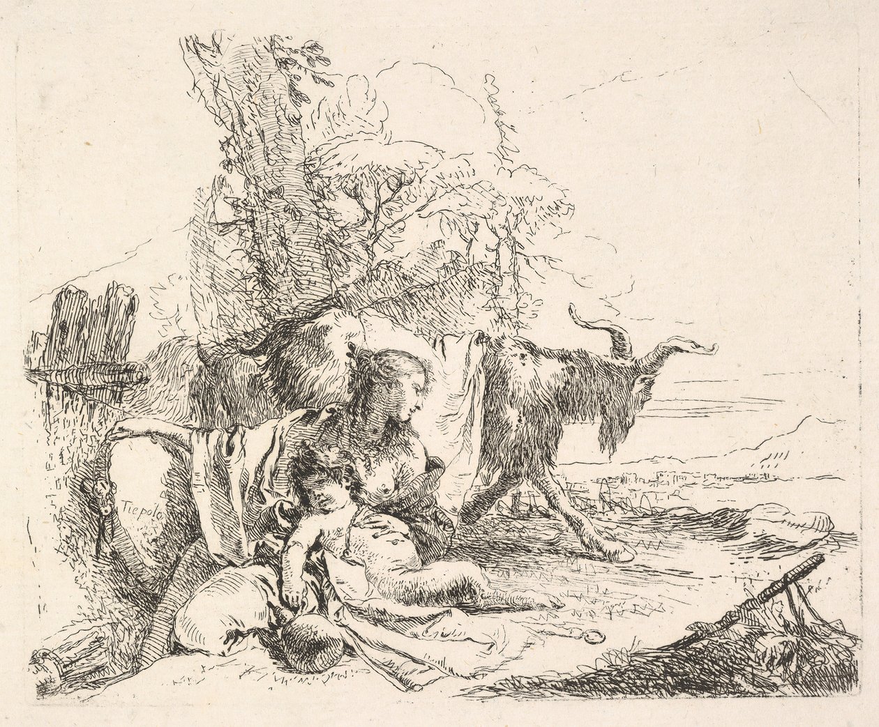 Vrouw en baby satyr in een landschap, de vrouw draait zich om om over haar linkerschouder te kijken, ca. 1740-42 door Giovanni Battista Tiepolo