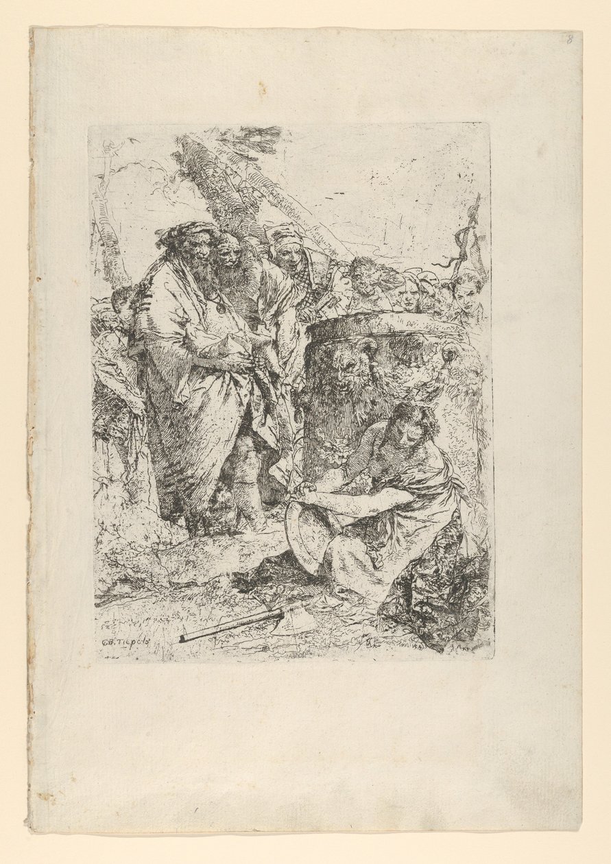 Vrouw knielend voor magiërs en andere figuren, uit de Scherzi, ca. 1743-50 door Giovanni Battista Tiepolo
