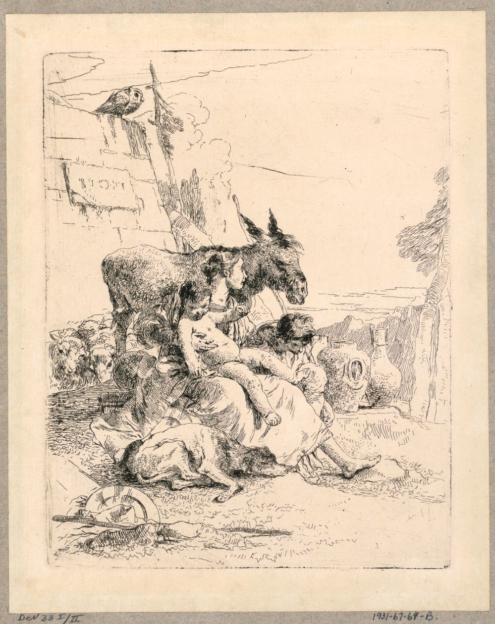 Vrouw met twee kinderen en een ezel, plaat 21 uit de Scherzi di Fantasia door Giovanni Battista Tiepolo