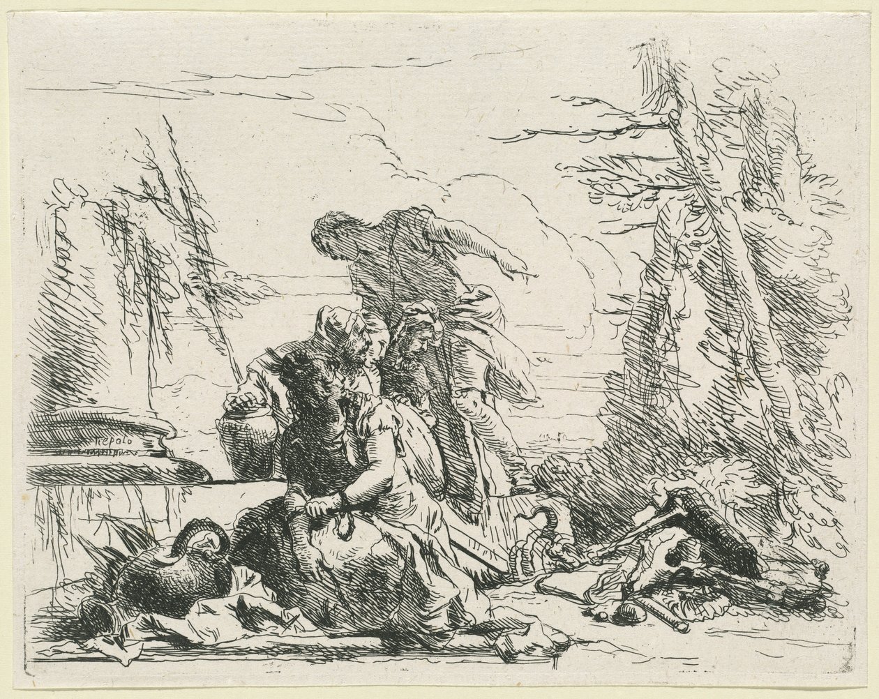 Vrouwen en mannen die een brandende brandstapel van botten bekijken door Giovanni Battista Tiepolo
