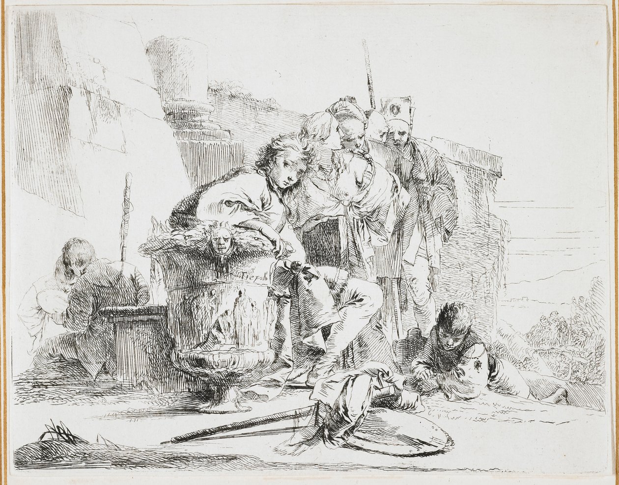 Jonge man zittend, leunend tegen een urn, plaat uit Vari Capricci, 1740s door Giovanni Battista Tiepolo