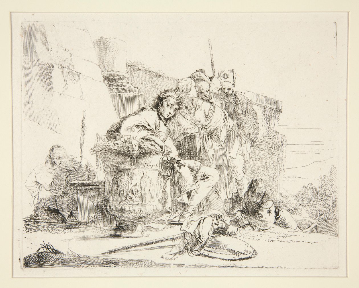 Jonge man zittend en leunend op een urn door Giovanni Battista Tiepolo