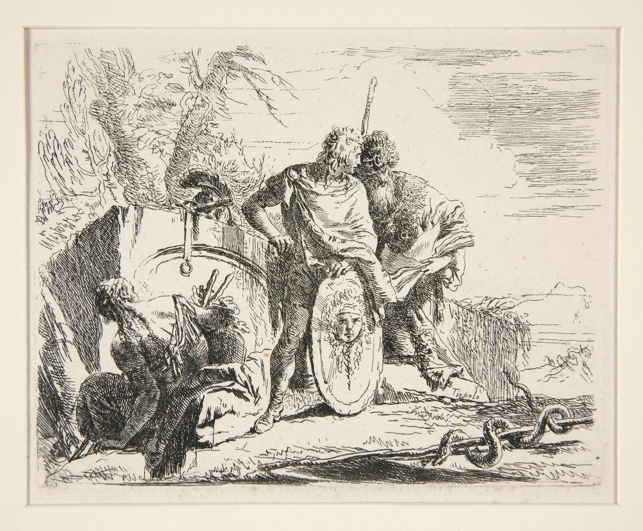 Jonge Soldaat met Filosoof en Zittende Vrouw, uit de serie Vari Capricci door Giovanni Battista Tiepolo