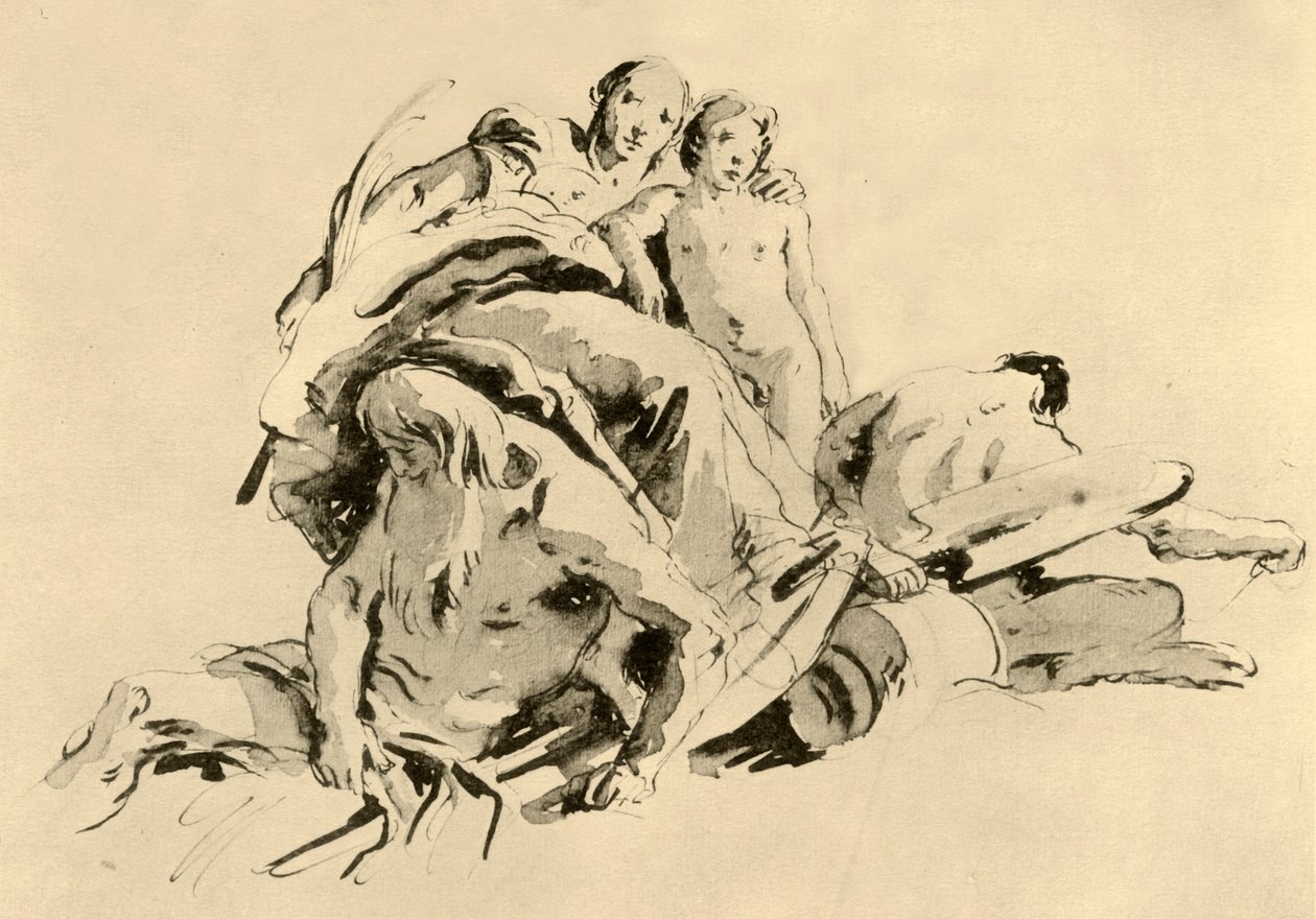 Jonge Vrouw met Jongen, Riviergod en Sater door Giovanni Battista Tiepolo