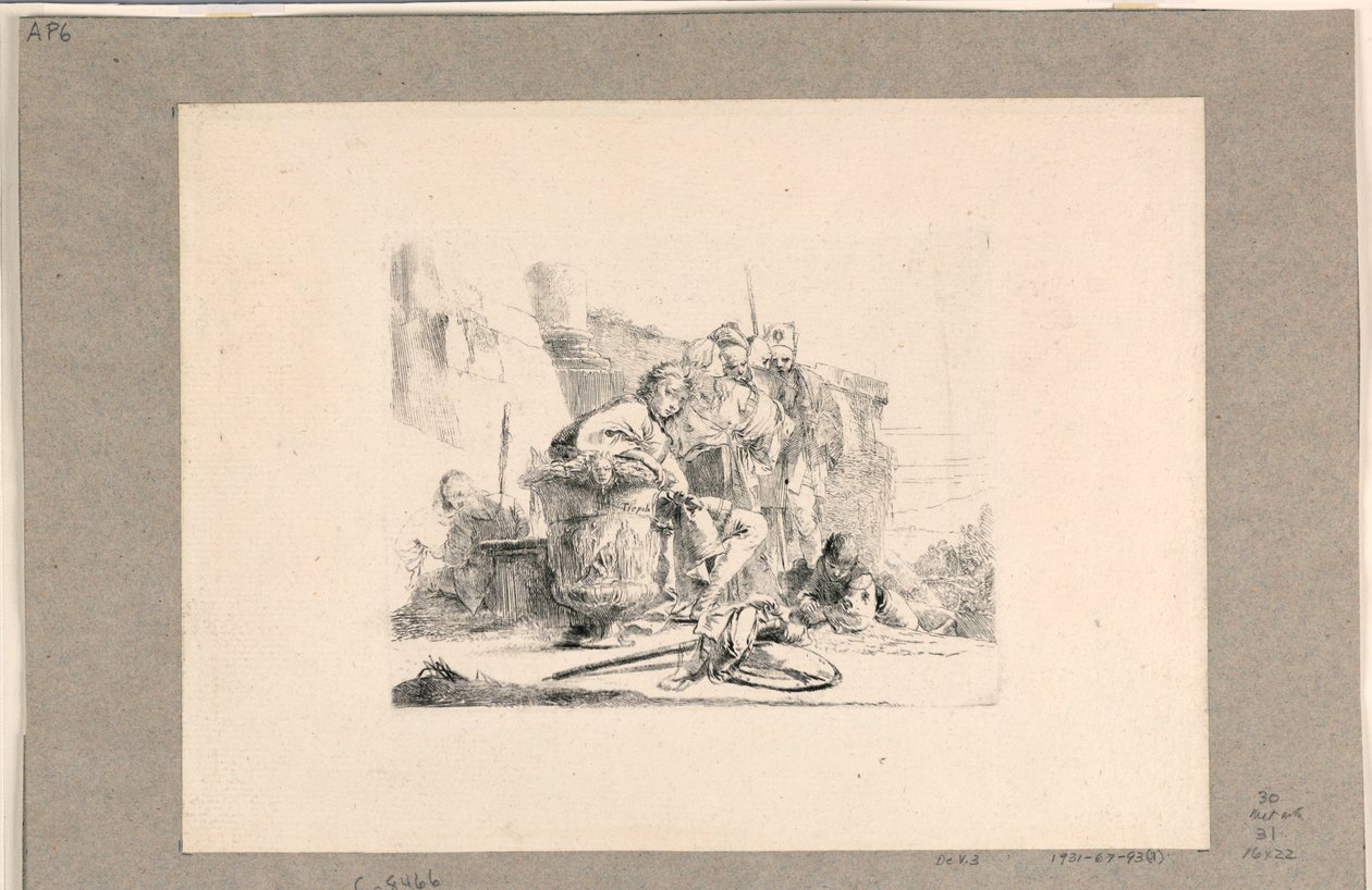Jongeling zittend bij een urn en andere figuren, uit de Vari Capricci door Giovanni Battista Tiepolo