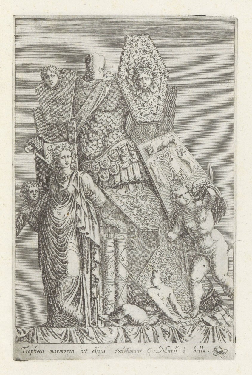 Trofee van wapens, een vrouwenfiguur en engelen door Giovanni Battista de