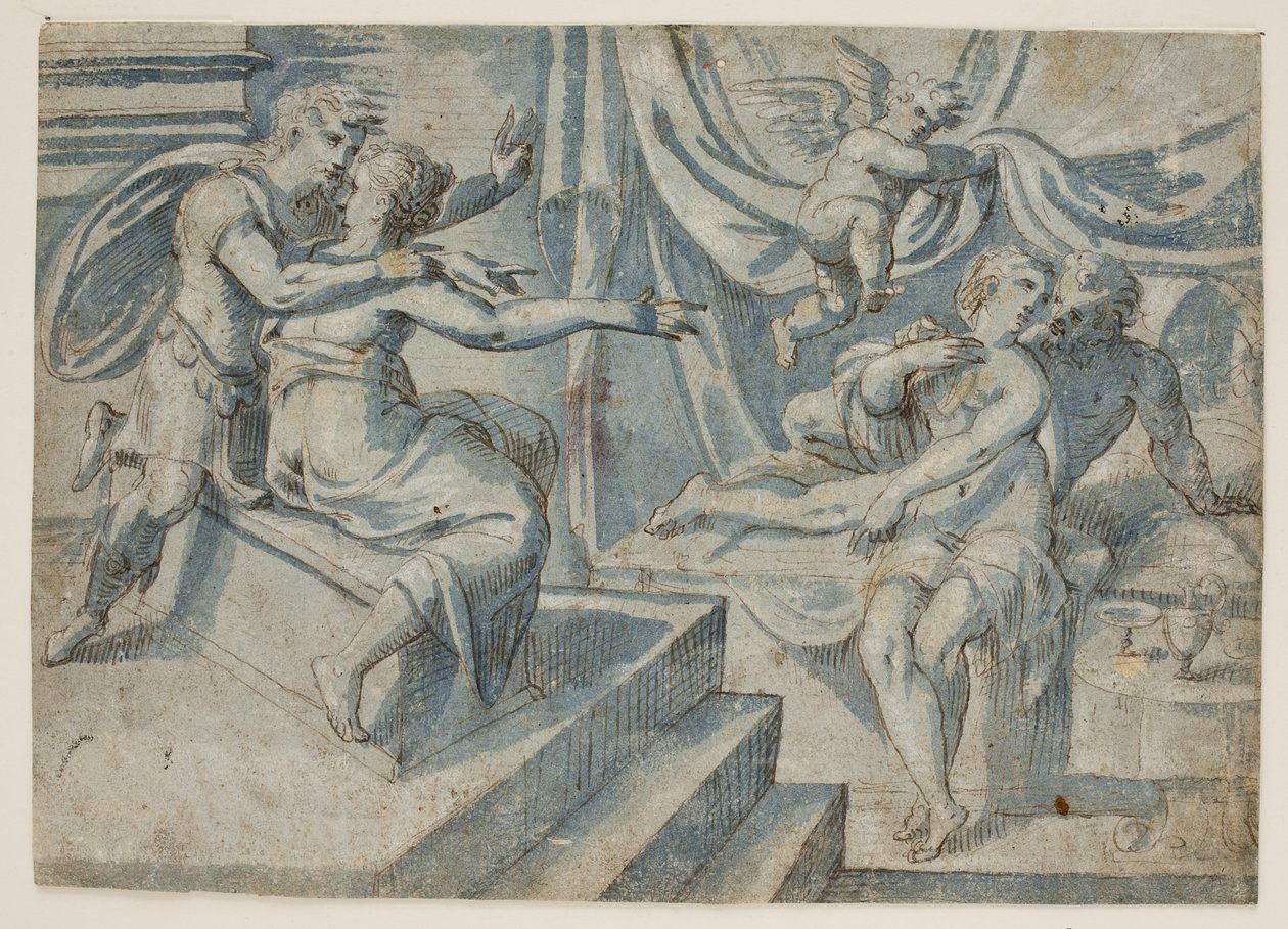 Een verliefd paar op een bed wordt onthuld door een putto voor een Romeinse soldaat en zijn vrouw door Giovanni Bellini