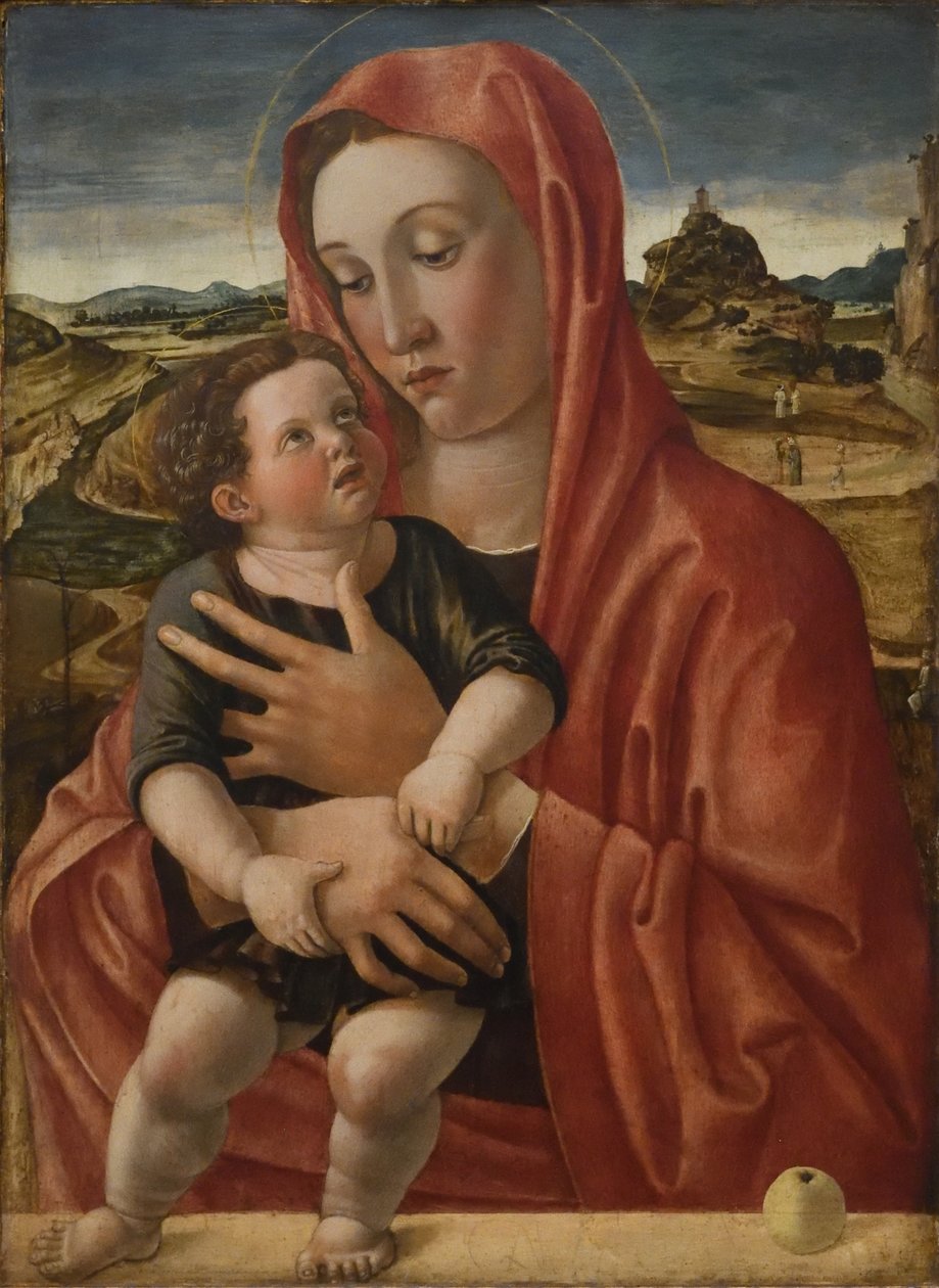 Duits: Maria mit dem Kind, das auf einer Brüstung steht Madonna met kind door Giovanni Bellini