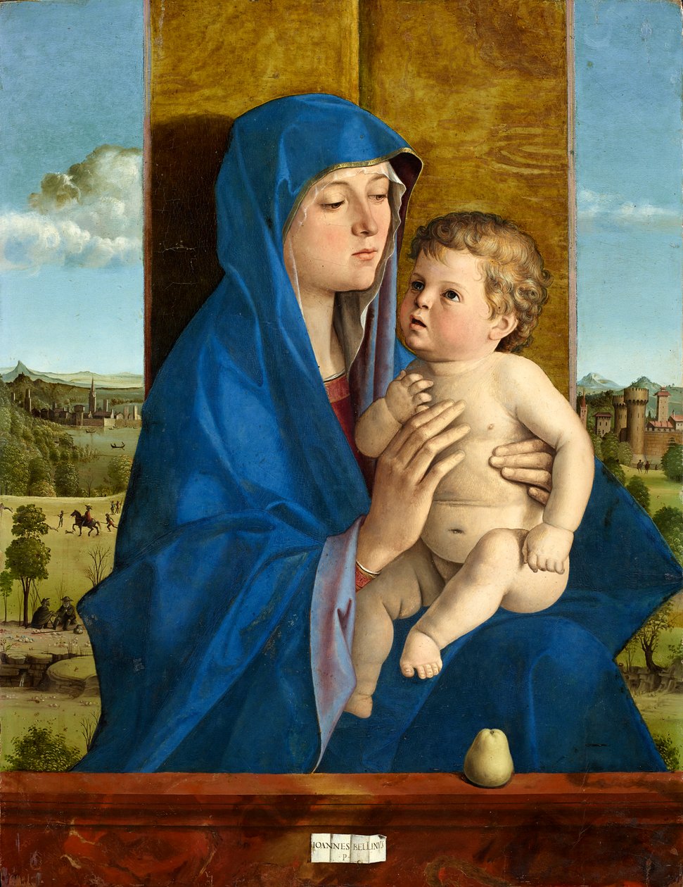 Italiaans: Madonna col Bambino (Madonna di Alzano) Madonna met peer door Giovanni Bellini