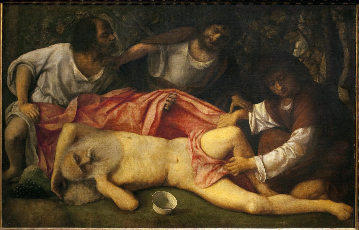 De dronkenschap van Noach (Noach, dronken, wordt naakt ontdekt door zijn drie zonen, Sam en Japhet, die hun vader willen bedekken, worden tegengehouden door de schurk Cham, wiens nakomelingen het vervloekte volk van Kanaän zullen zijn) - Schilderij door Gi door Giovanni Bellini