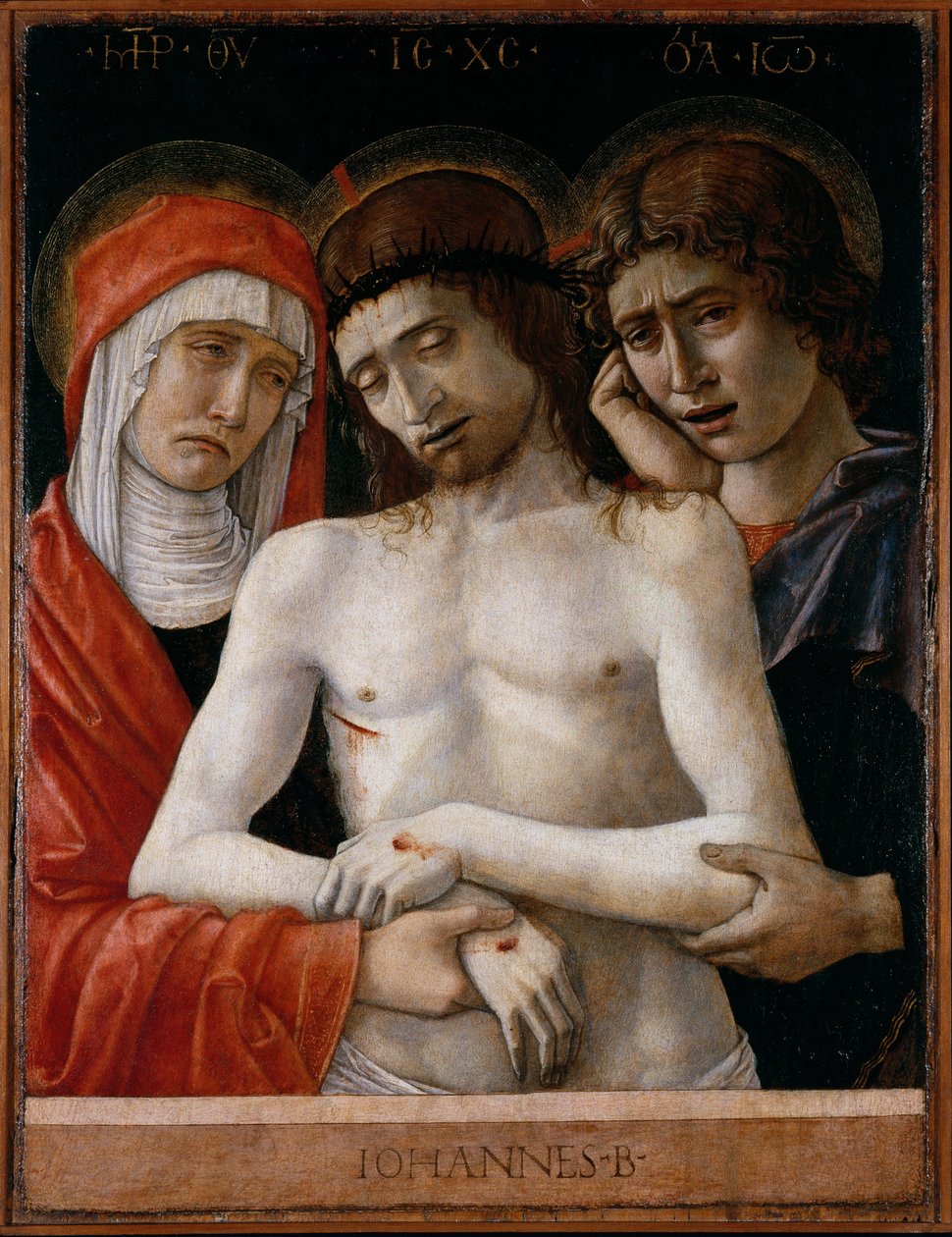 Pietà met Madonna en Johannes de Evangelist door Giovanni Bellini