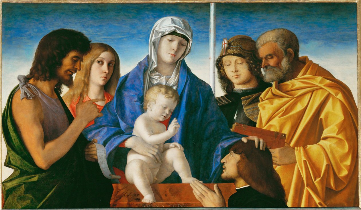 Maagd en kind met de heiligen Johannes Baptist, Magdalena, Joris en Petrus ... door Giovanni Bellini