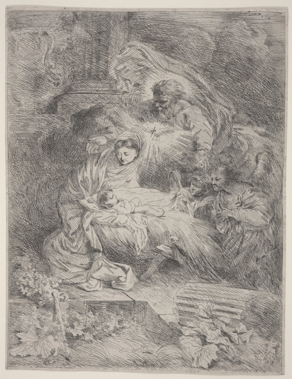 De Geboorte met God de Vader, de Duif van de Heilige Geest en Engelen door Giovanni Benedetto Castiglione